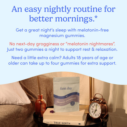A pouch of Men’s Nighttime Reset Calming Magnesium gummies rests on a round table beside an alarm clock, glass of water, candle, and book. These melatonin-free gummies support restful sleep in a calm nighttime atmosphere.