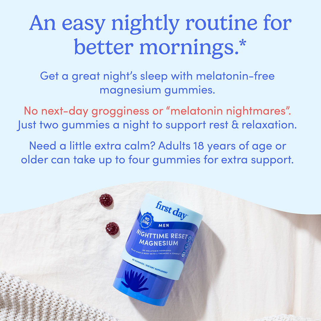 A container of Men’s Nighttime Reset Magnesium sits on textured light fabric, highlighting its nightly routine benefits for better sleep and muscle relaxation—melatonin-free and ideal for adults 18+.