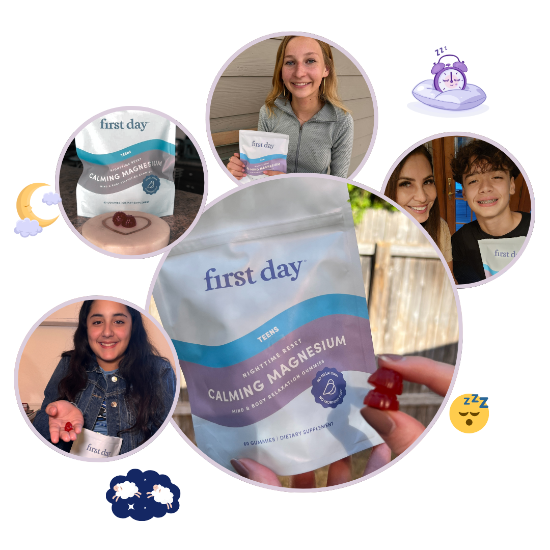 A collage shows people smiling and holding First Day Calming Magnesium gummies. The product bag is featured in the center, with bedtime-themed icons like clouds and crescent moons surrounding the photos.