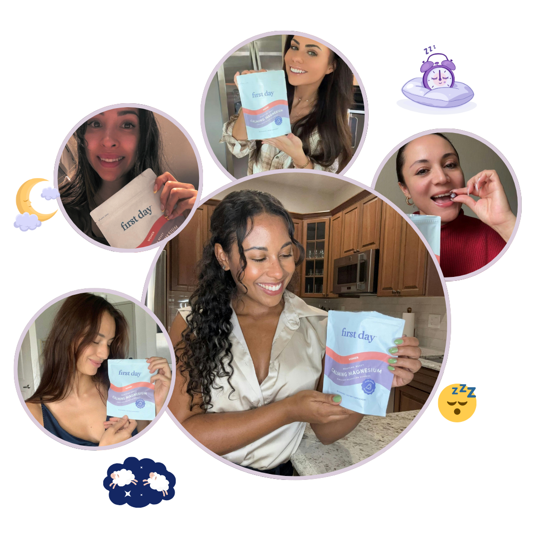 A collage of women smiling and holding or eating First Day Women’s Multivitamin Gummies in kitchen and home settings, surrounded by sleep-themed icons like moons, clouds, and alarm clocks.