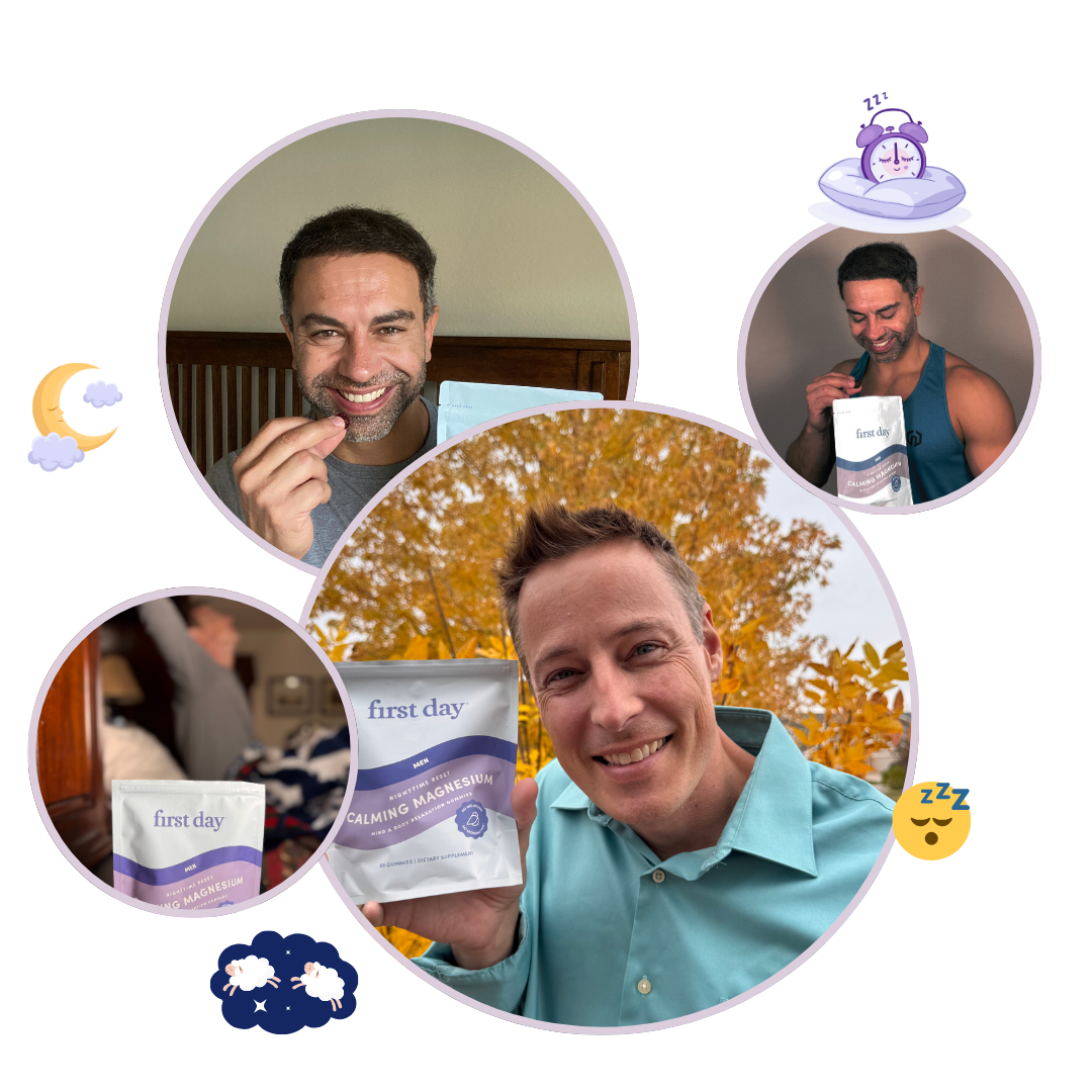 A collage of smiling men holding and eating First Day Calming Magnesium gummies, with sleep-themed icons like clouds, clocks, and zzZ symbols surrounding the images.