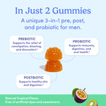 Two orange Men's 3-in-1 Pre+ Post+ Probiotic gummies stacked in the center, with text highlighting digestive wellness and gut health for men. Passionfruit and kiwi images decorate the bottom on a bright green background.