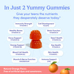 Gummy vitamins with health benefits listed on a blue background. Free of artificial dyes.