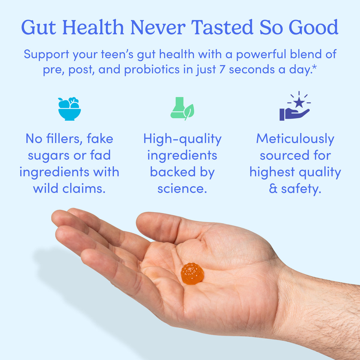 A hand holds Teens' 3-in-1 Pre+ Post+ Probiotic gummies, featuring gut health and immune support. The label highlights no fillers, premium ingredients, and careful sourcing, with icons and headings on a light blue background.
