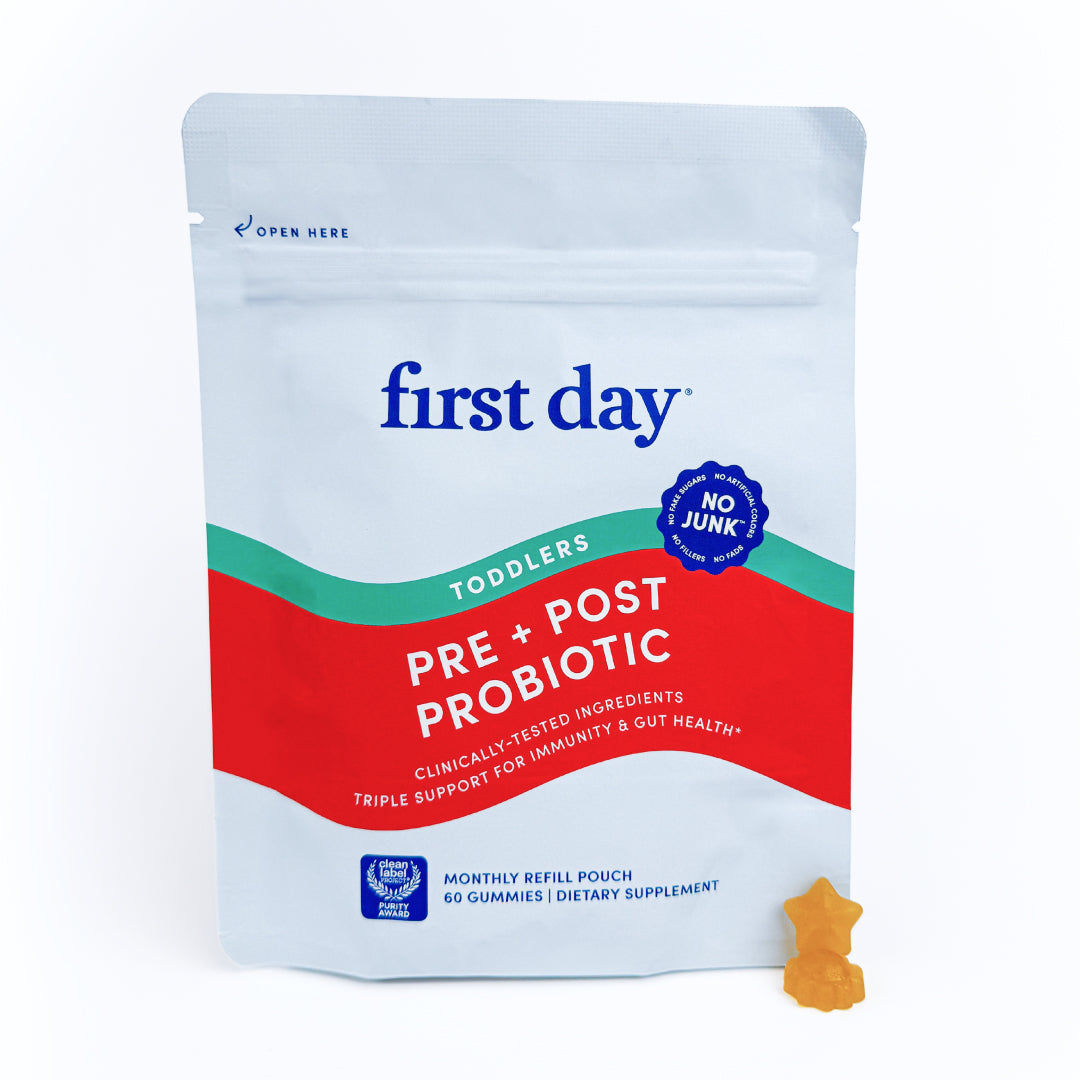 First Day probiotic package for toddlers on a white background