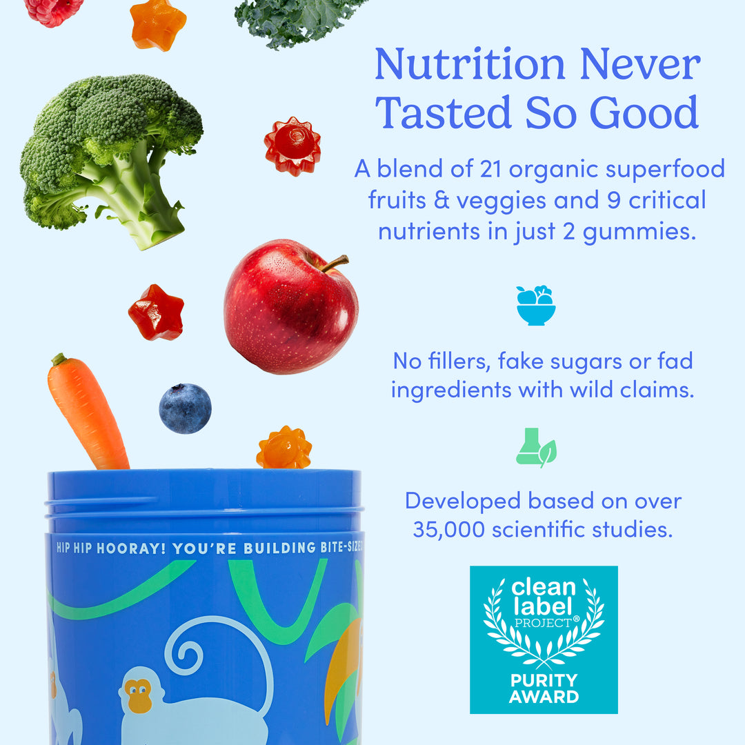 Nutrition never tasted so good with our blend of 21 organic superfood fruits and veggies and nine critical nutrients in just two gummies. No fake sugars and developed based on 35,000 scientific studies.