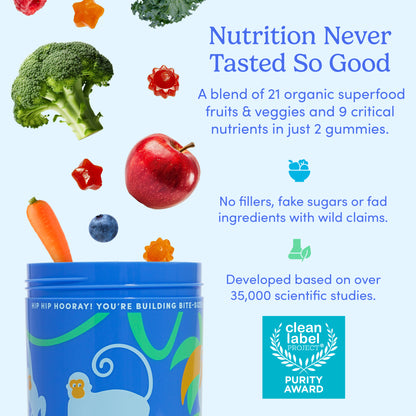 Nutrition never tasted so good with our blend of 21 organic superfood fruits and veggies and nine critical nutrients in just two gummies. No fake sugars and developed based on 35,000 scientific studies.