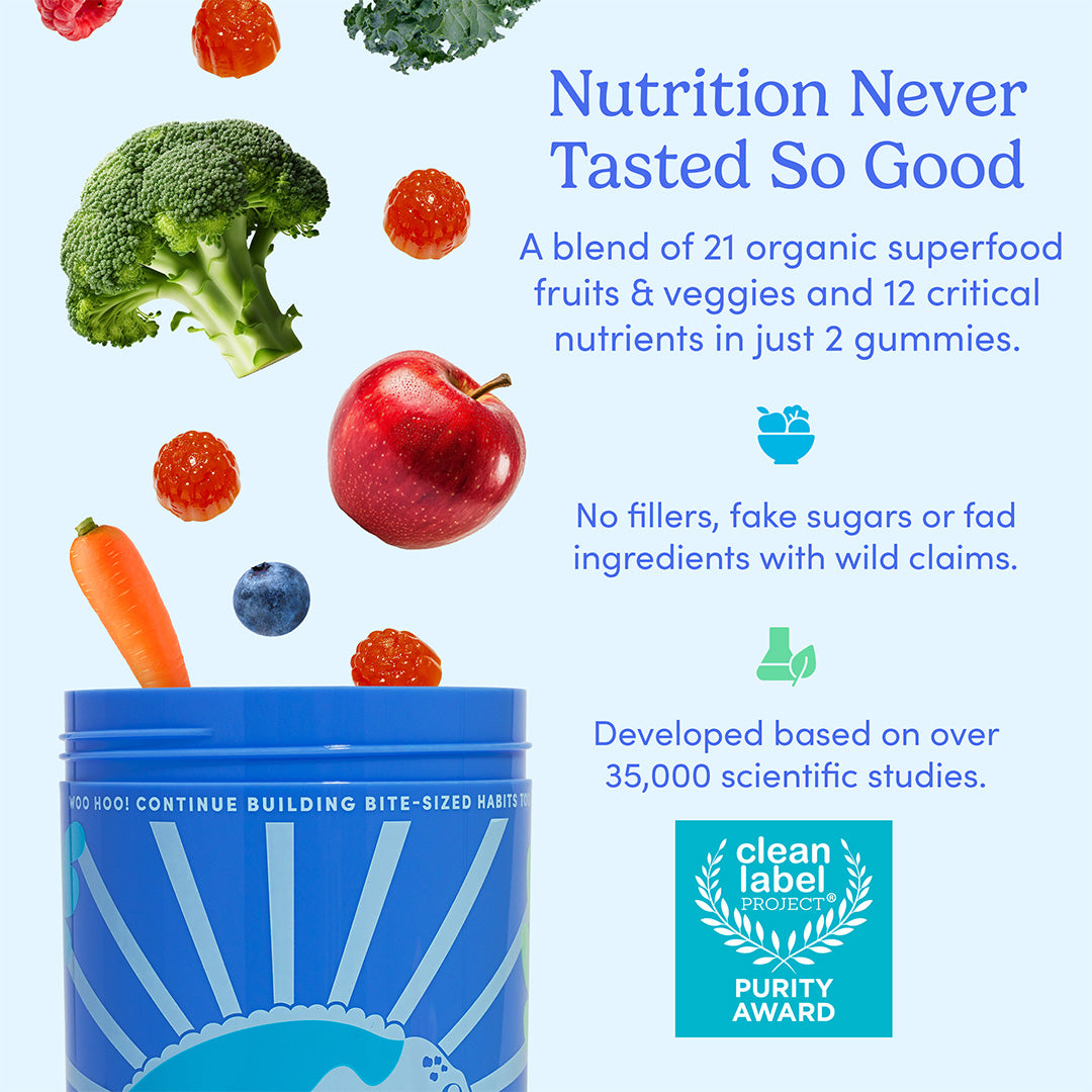 Blue container with gummies and superfoods on a light blue background, featuring text about nutrition and product features.