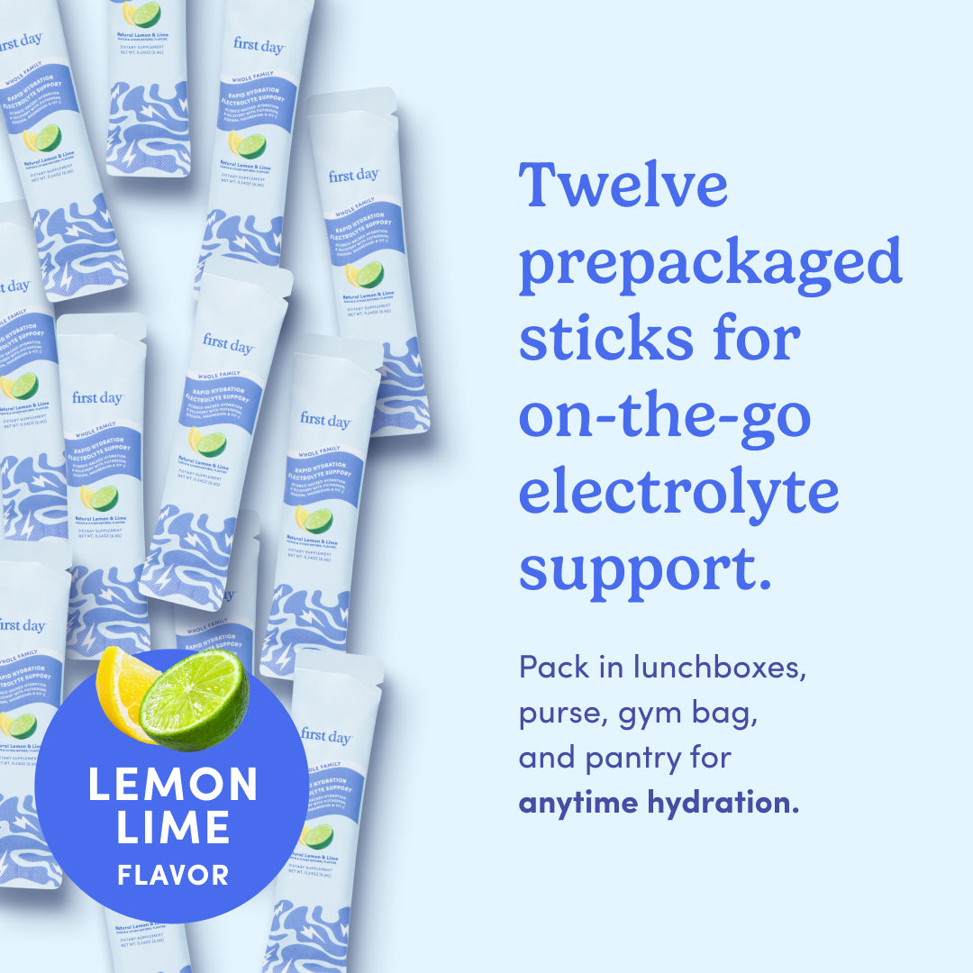 Prepackaged sticks for electrolyte support with lemon lime flavor on a light blue background
