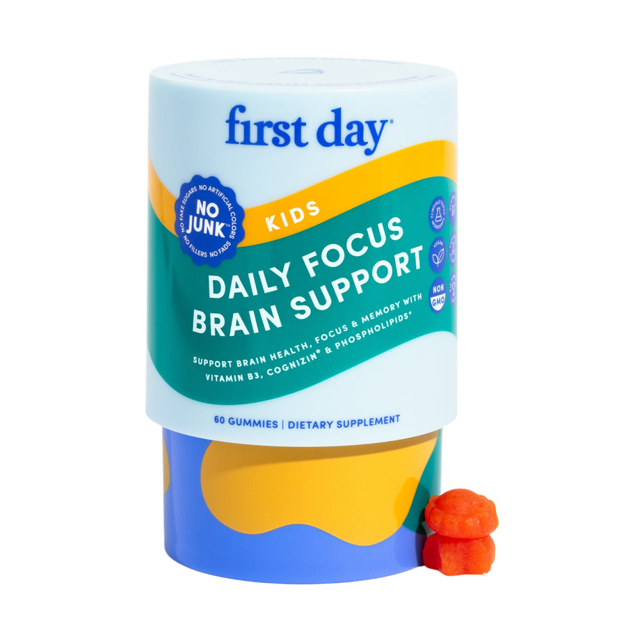 Dietary supplement container for kids daily focus brain support with a gummy bear on a white background
