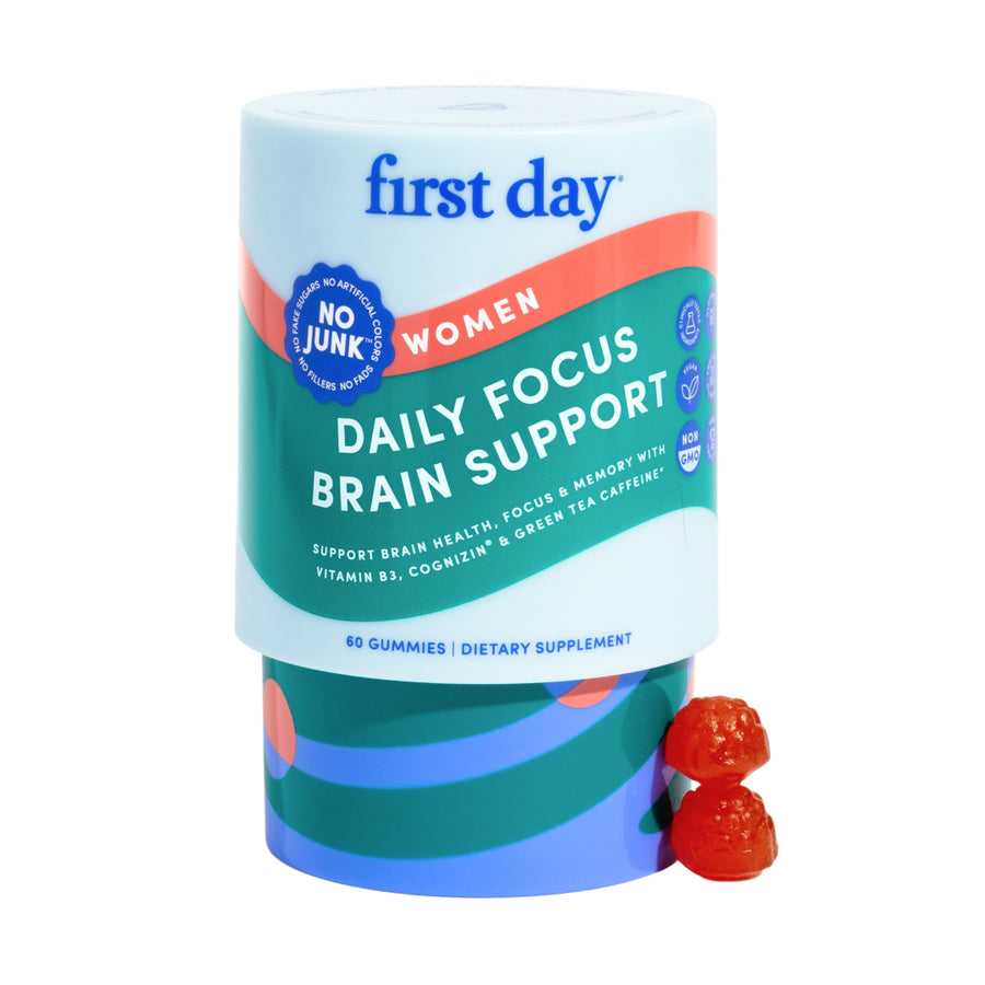 First Day Women's Daily Focus Brain Support supplement container with gummies on a white background