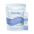 A white and blue resealable pouch labeled “first day Rapid Hydration Electrolyte Support” stands next to a matching single-serve packet. The pouch highlights natural lemon & lime flavor and hydration benefits.