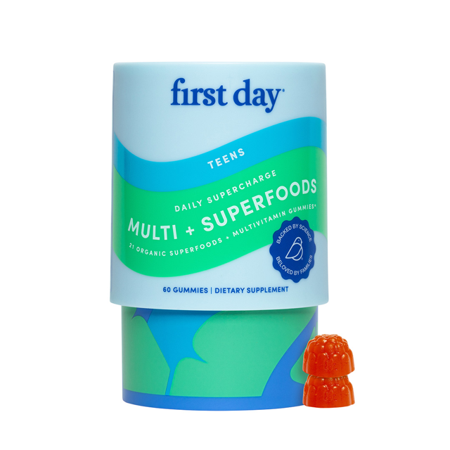 First Day Teens Multi + Superfoods dietary supplement packaging with a gummy on a white background
