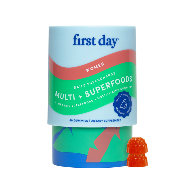Multivitamin gummy with 'first day' packaging on a white background
