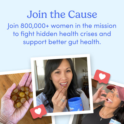 A promotional graphic invites women to join a mission for better digestive health, showing women smiling, taking Women&
