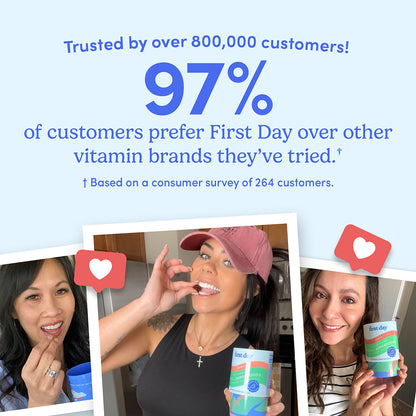 Advertisement showing a woman holding a vitamin supplement with text about customer preference for First Day brand.