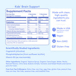 Supplement facts label for a product claiming to support kids' brain health, with details on ingredients and benefits.