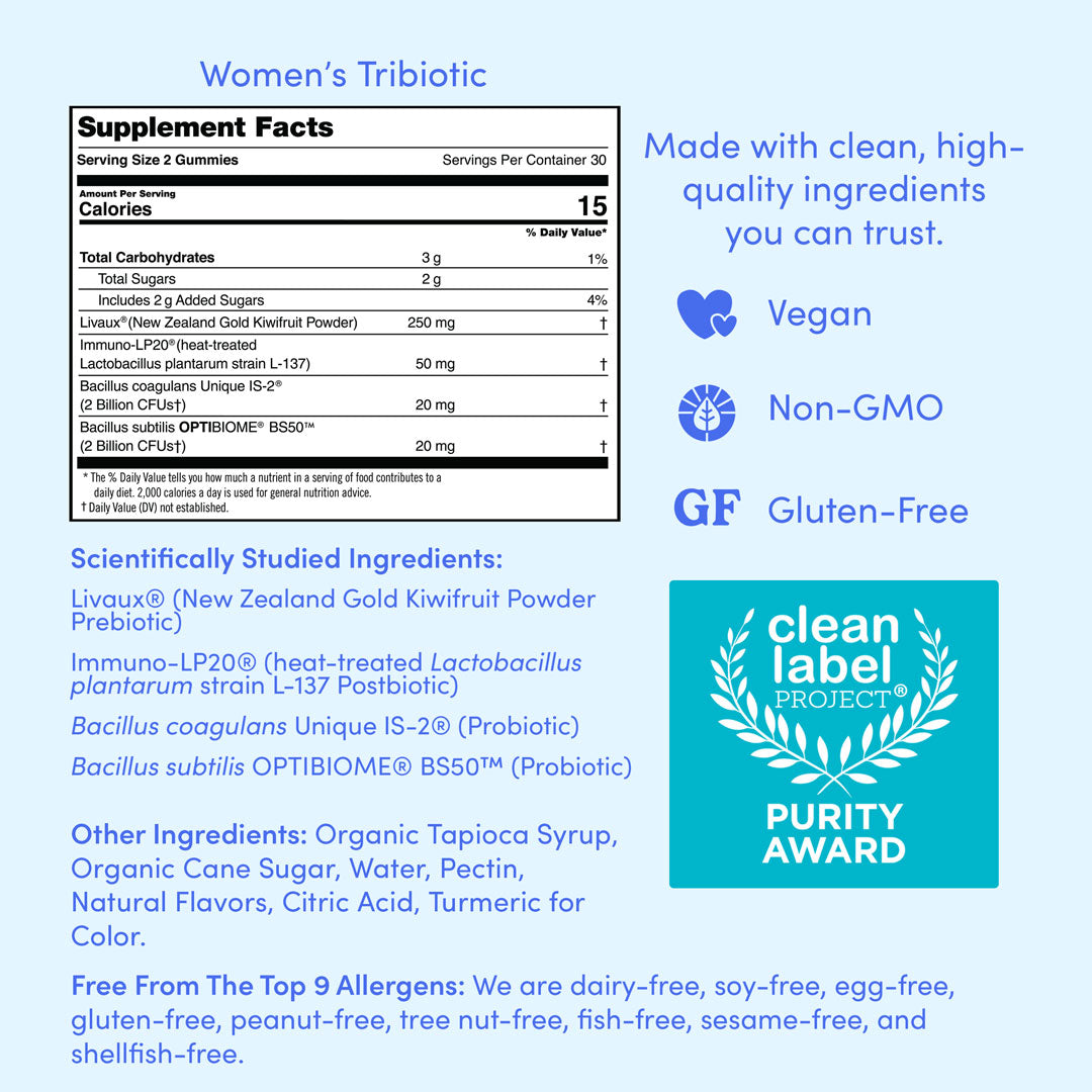 A supplement facts label for Women's 3-in-1 Pre+ Post+ Probiotic, with nutritional info to support digestive and vaginal health, probiotics, and kiwi powder. Icons show it's vegan, non-GMO, gluten-free, and Clean Label Project Purity Awarded.