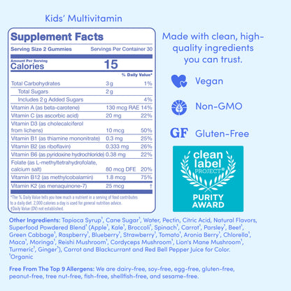 Kids Multivitamin Nutrition Label and Supplement Facts.