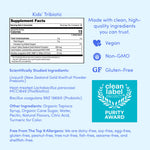 Supplement facts and product details for Kids' Tribiotic on a blue background