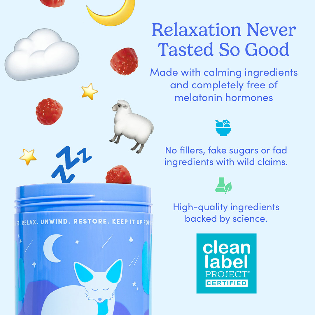 A blue container with a cat, sheep, clouds, and raspberries highlights Teens’ Nighttime Reset Magnesium—a calming, melatonin-free magnesium gummy sleep aid for teens that’s Clean Label Project certified.