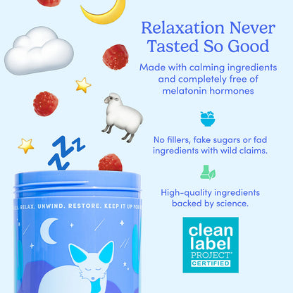 A blue container with a cat, sheep, clouds, and raspberries highlights Teens’ Nighttime Reset Magnesium—a calming, melatonin-free magnesium gummy sleep aid for teens that’s Clean Label Project certified.