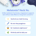 An image with a spilled pill bottle, alarm clock, and sleep mask. Text: “Skip melatonin! Try Teens’ Nighttime Reset Magnesium—supports restful sleep without grogginess or side effects. Gentle, non-habit forming, and perfect for teens.”.