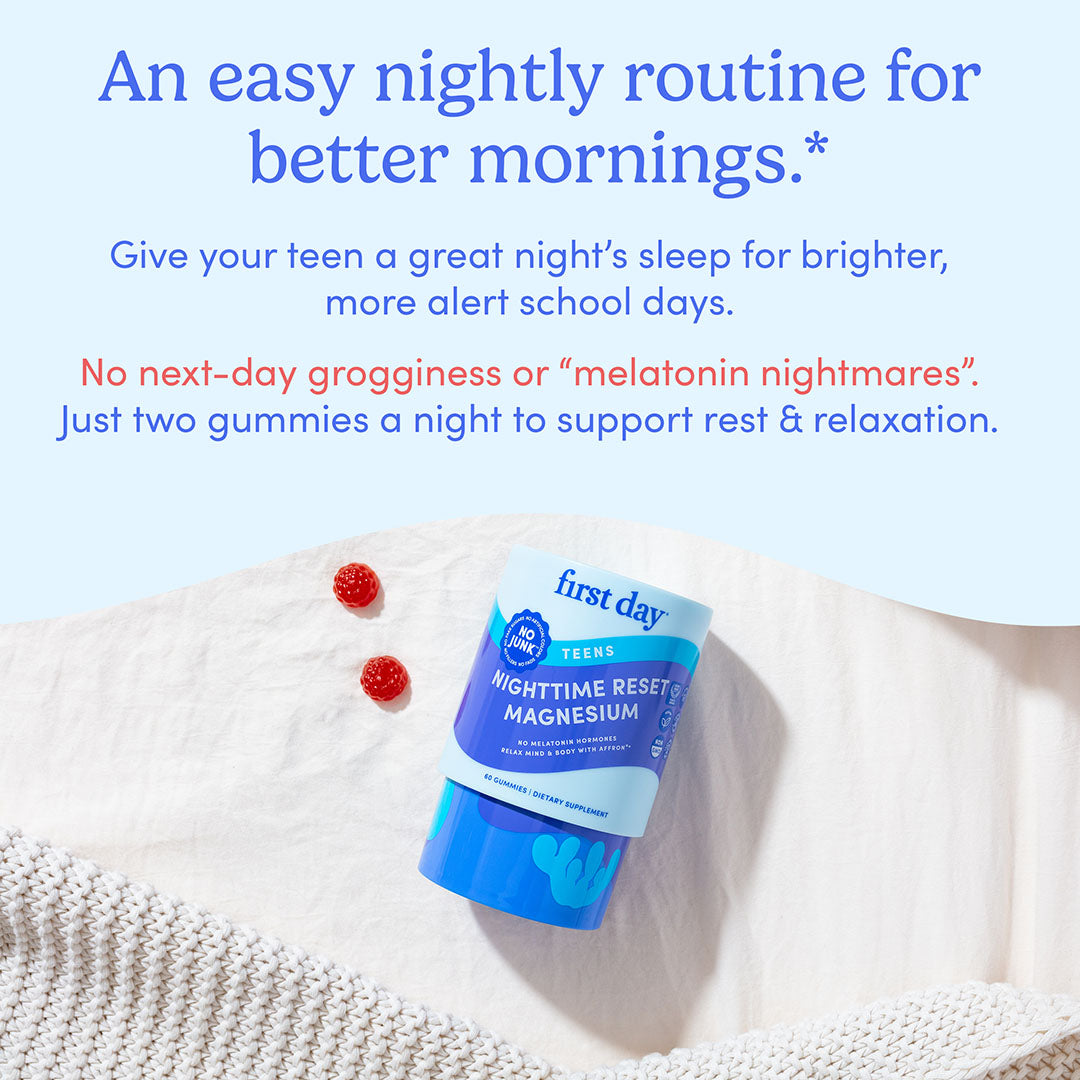 A bottle of Teens’ Nighttime Reset Magnesium, a calming sleep aid for teens, rests on a cream blanket with two red gummies beside it. Above, text promotes restful sleep without next-day grogginess.