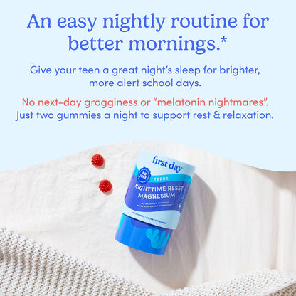 A bottle of Teens’ Nighttime Reset Magnesium, a calming sleep aid for teens, rests on a cream blanket with two red gummies beside it. Above, text promotes restful sleep without next-day grogginess.