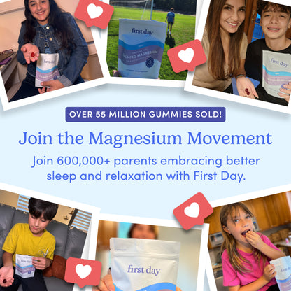 A collage shows kids and parents enjoying Teens’ Nighttime Reset Magnesium, a popular calming supplement. Text reads: Over 55 million gummies sold! Join 600,000+ families embracing better sleep with Teens’ Nighttime Reset.
