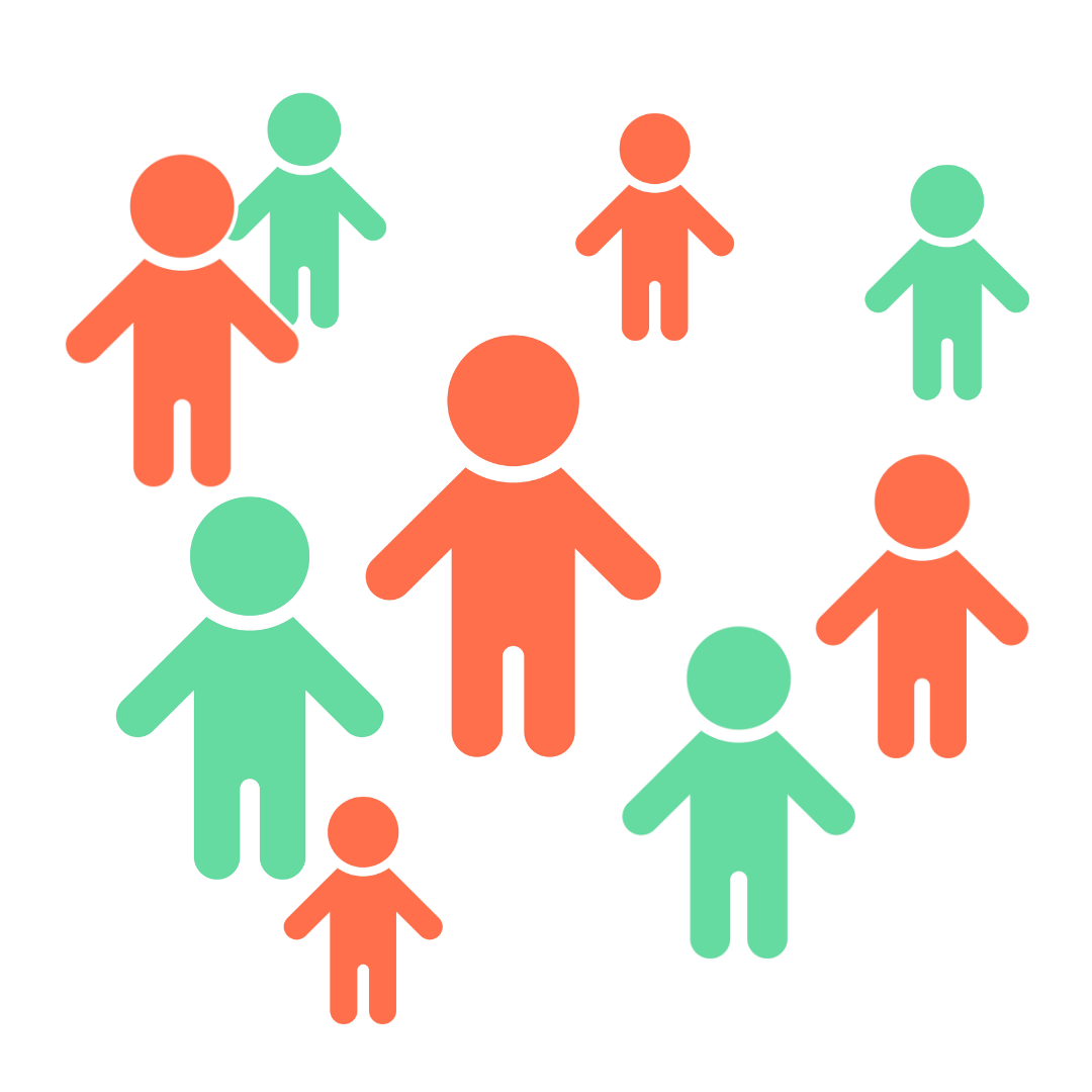 Illustration of a globe with abstract human figures in green and orange scattered across it, symbolizing global population or diversity.