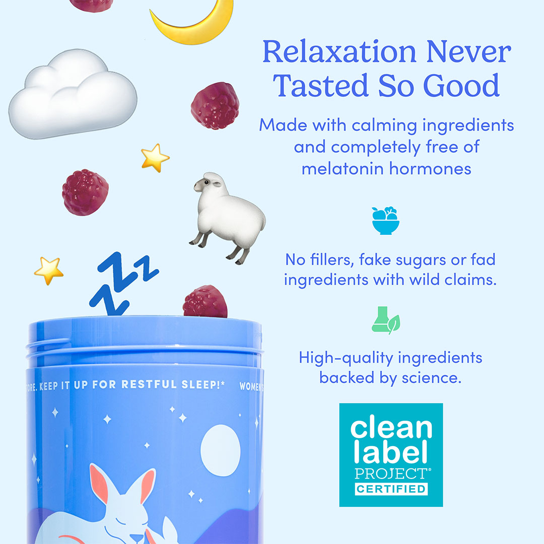 The Women’s Nighttime Reset Magnesium container features a rabbit illustration, floating raspberries, a sheep, clouds, and moons. Text spotlights calming sleep ingredients, high-quality magnesium gummies, and Clean Label Project certification.