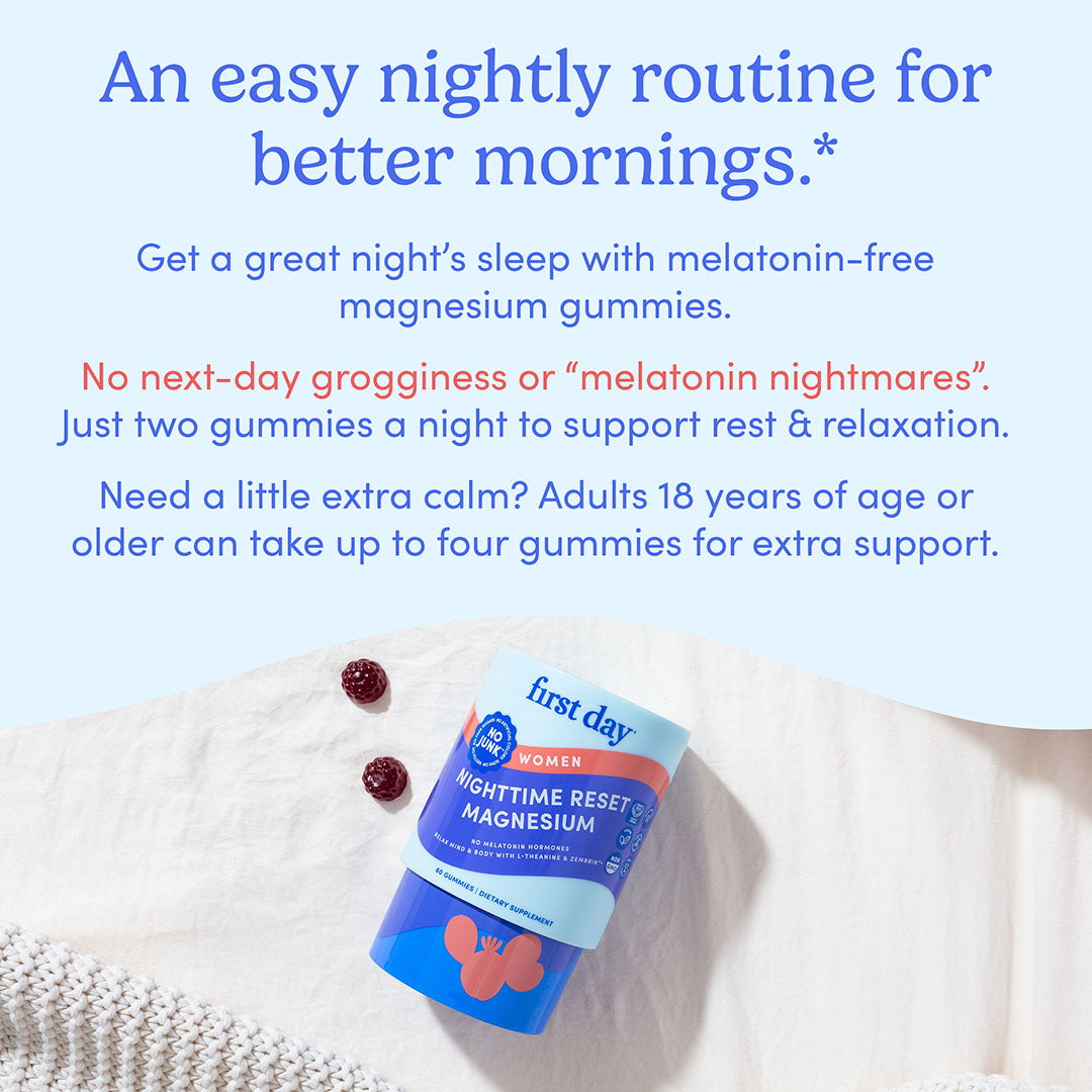 A container of Women’s Nighttime Reset Magnesium gummies sits on a white textured blanket with buttons. Text above notes that each calming gummy supports relaxation and restorative sleep—without melatonin.