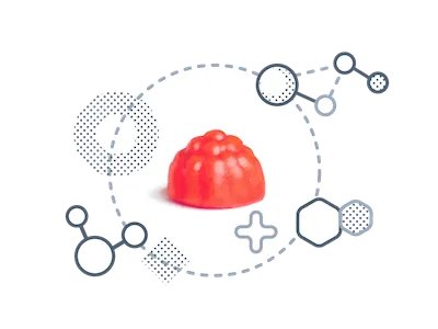 A red gummy candy is centered on a white background, surrounded by abstract dotted and outlined shapes resembling scientific molecules and geometric figures.