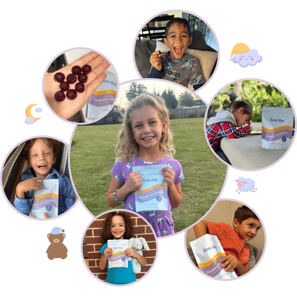A collage of smiling children holding or eating gummy vitamins labeled “First Day,” with one close-up of gummies in a hand. The background is decorated with cute cloud, bear, and moon illustrations.