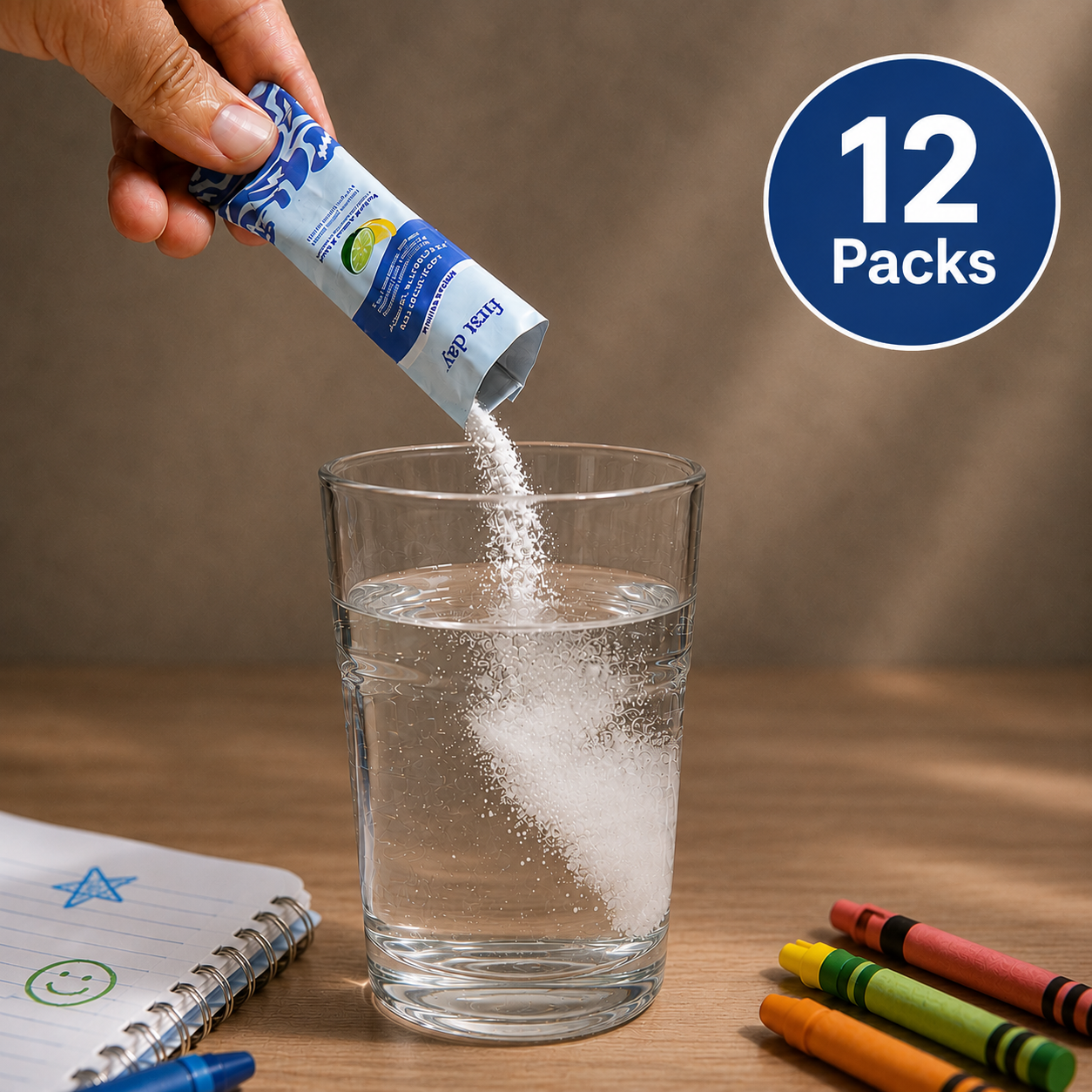 Hand pouring a packet of water supplement into a glass on a wooden table with '12 Packs' text.