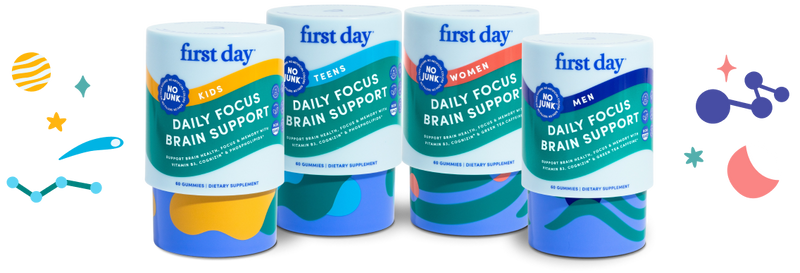 Four colorful canisters of First Day Daily Focus Brain Support supplements for Kids, Teens, Women, and Men, displayed with playful, abstract shapes in the background.