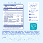 A supplement facts label for Kids' Multivitamin gummies, showing a serving size of 2 gummies and a daily value of 15. The label includes a nutrition panel, ingredient list, and marketing badges such as 'Made with premium global ingredients,' 'Vegan,' 'Non-GMO,' 'GF Gluten-Free,' and a 'Clean Label' 'Purity Award.
