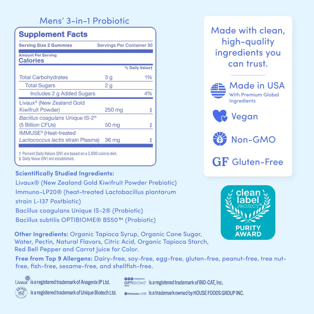 Mens' 3-in-1 Probiotic Supplement Facts label and product information on a white background. The label shows serving size 2 gummies, calories, total carbohydrates, sugars, added sugars, and listed ingredients including Liviusa, Bacillus coagulans, and IMI Nutrient Lactis strain Plasmata.