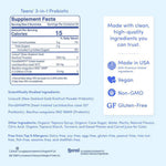 A product information card for Livexus Teens' 3-in-1 Probiotic Gummies. The left side shows a supplement facts panel with serving size 2 gummies and key ingredients including Livexus New Zealand Gold Kifilaworm Powder Prebiotic and FloraSMART-1.