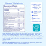 Womens' Multivitamin supplement facts label on a light blue background, showing a nutrition panel with 15 calories per serving and a badge indicating Made in USA, Vegan, Non-GMO, and GF Gluten-Free.