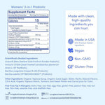 Womens' 3-in-1 Probiotic supplement facts panel and marketing callouts on a white background. The left side shows a supplement facts label with serving size 2 gummies and ingredients including Livaxen, Immuno-LP206, and Bacillus coagulans.