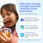 An informational graphic with a child eating from a clear cup on the left and text on the right stating that kids may not get enough essential vitamins from food alone, with three support areas listed: daily nutrition support, brain and focus support, and immunity support.
