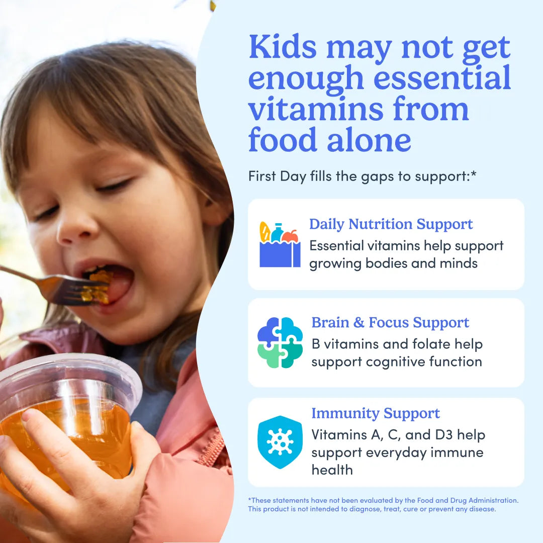 An informational graphic with a child eating from a clear cup on the left and text on the right stating that kids may not get enough essential vitamins from food alone, with three support areas listed: daily nutrition support, brain and focus support, and immunity support.