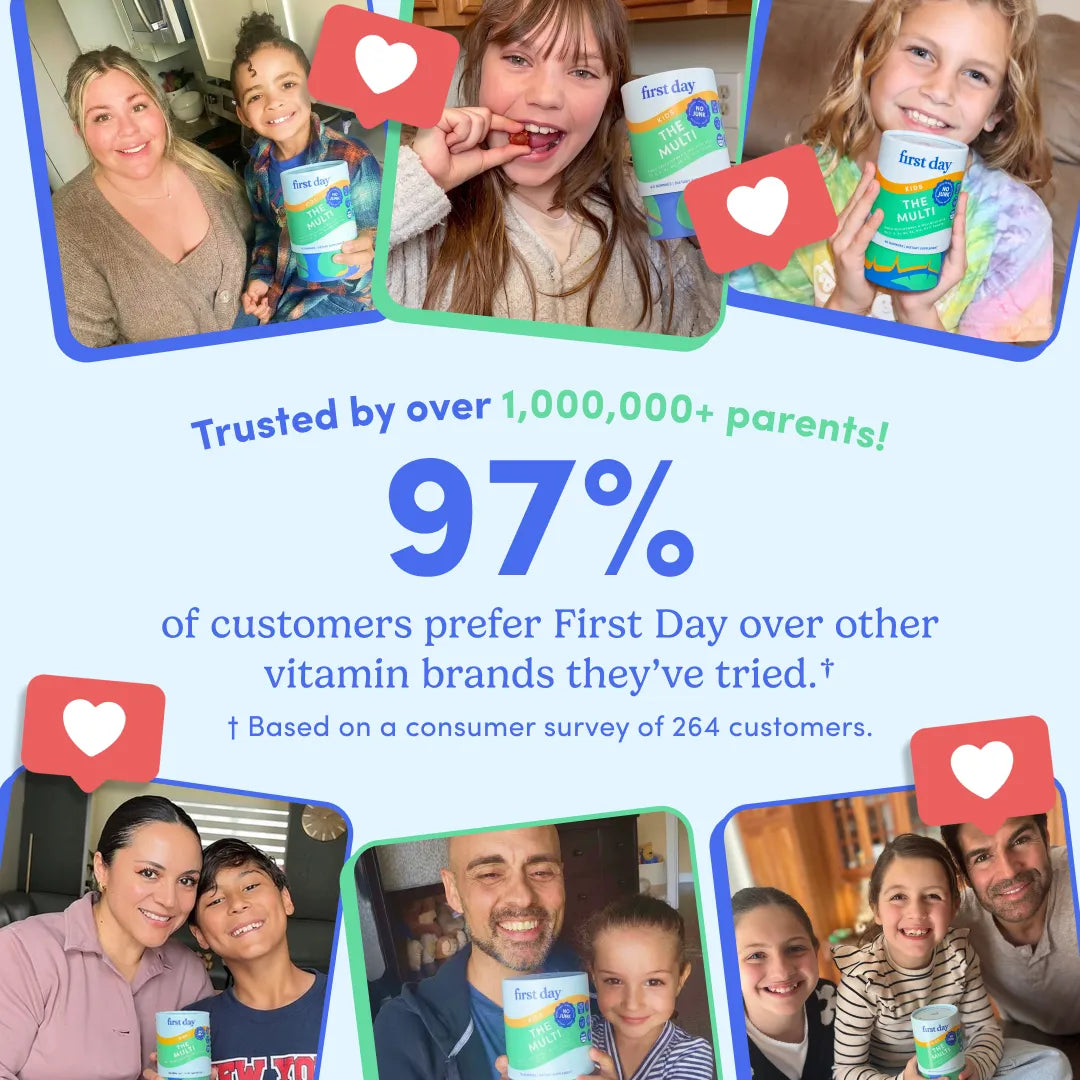 Promotional graphic for First Day Vitamin D with multiple family photos showing children holding the product, large text stating &