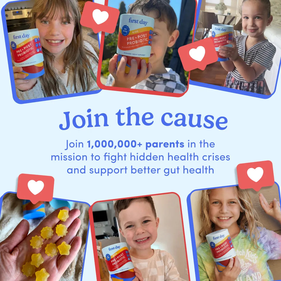 A promotional collage for First Day Nutrition pre- and post-fruit drink mix, featuring multiple children holding the product and a hand holding yellow star-shaped gummies. The central text reads 'Join the cause' with a message about supporting better gut health.