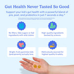 Promotional graphic for gut health gummies with text reading 'Gut Health Never Tasted So Good' and four benefit callouts with icons, plus a hand holding two yellow gummies at the bottom on a light blue background.