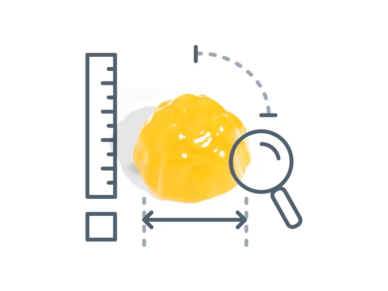 A yellow blob is shown in the center with graphic icons of a ruler, a magnifying glass, and measurement lines, suggesting examination and measurement of the object.