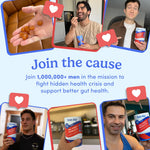 A promotional collage with five inset photos of men holding First Day gut health products, overlaid with red heart icons and text reading 'Join the cause' and 'Join 1,000,000+ men in the mission to fight hidden health crisis and support better gut health.'.