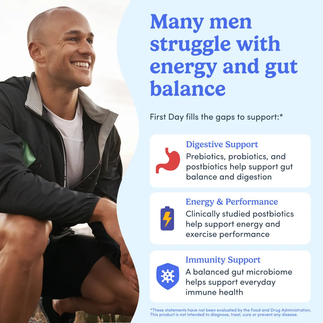 Promotional graphic with a smiling man in a black zip jacket sitting outdoors on the left, alongside large blue text reading 'Many men struggle with energy and gut balance' and three benefit callouts for digestive support, energy & performance, and immunity support.